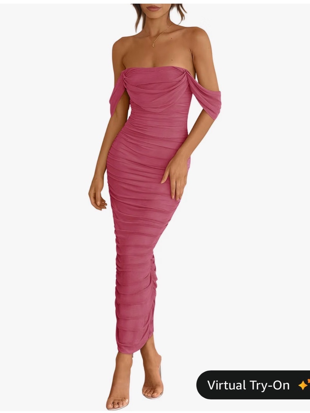 Off-Shoulder Ruched Maxi Dress in Rose